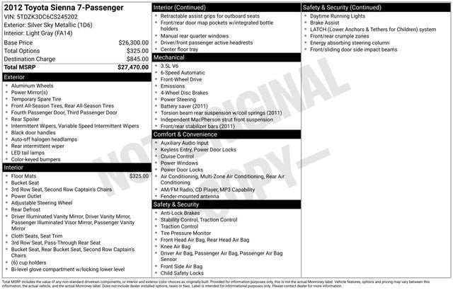 2012 Toyota Sienna Base 7 Passenger